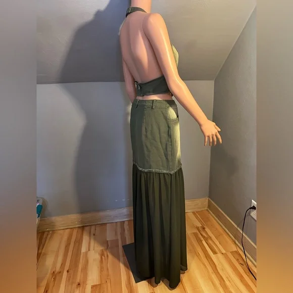 Fashion Nova Olive Green Denim Cutout Halter Top & Maxi Skirt Set Y2K Medium - Picture 4 of 5